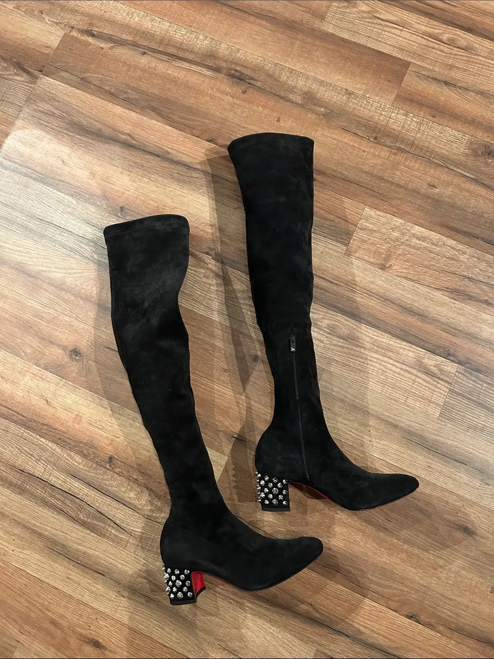 Christian Louboutin Black Suede Over-the-Knee Boots with Studded Block Heel